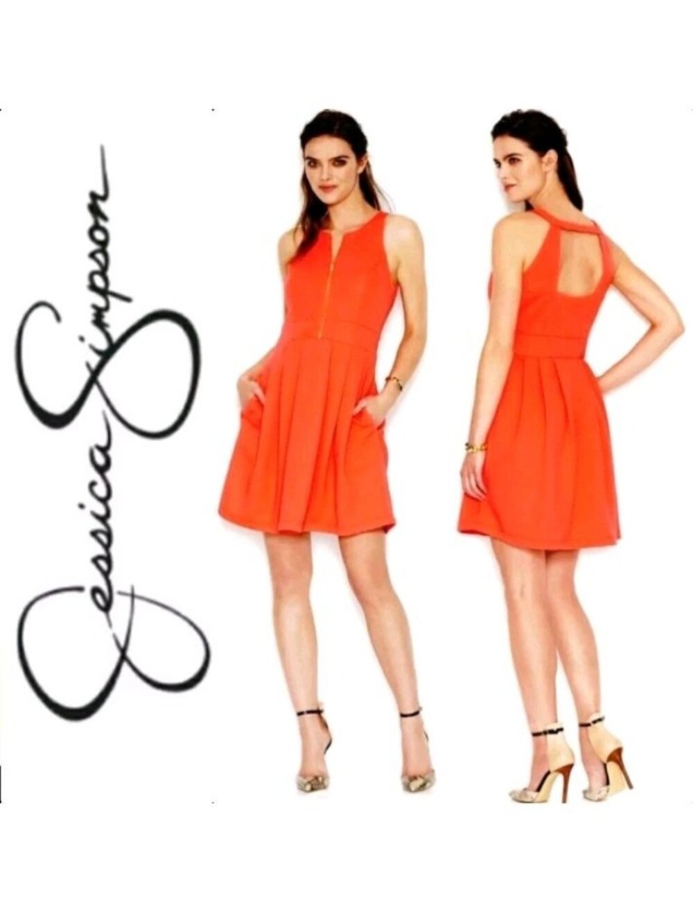 $138 Jessica Simpson Orange Textured Cut Out Back Pleated Pocket Dress ~10 M3020